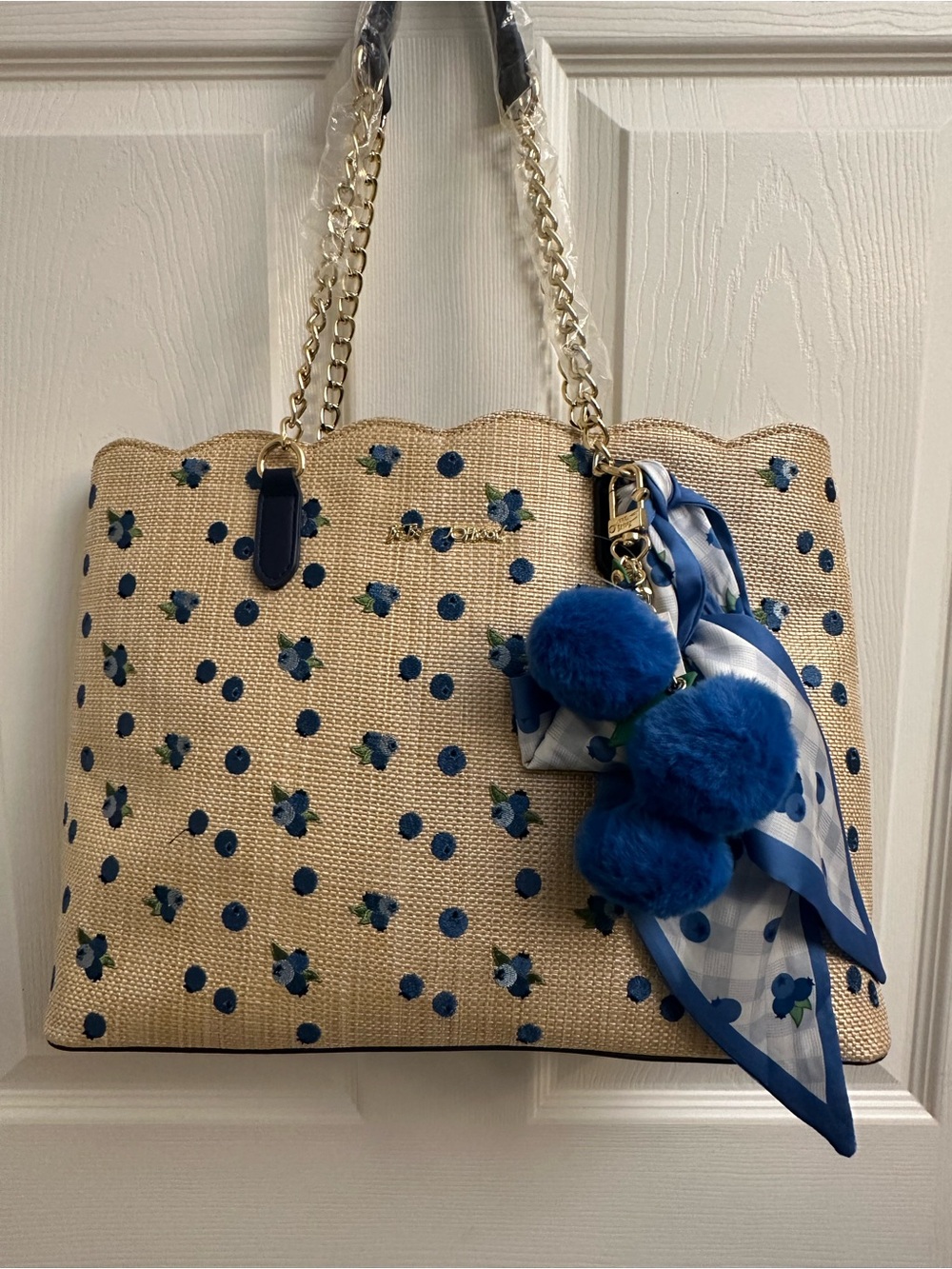 Betsey Johnson Tan Tote with Blue Floral Dots Design & Blue Pom Charm & Scarf
